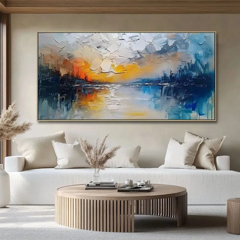 Hand-painted abstract landscape oil painting on canvas, horizontal modern wall art without inner frame, large size options