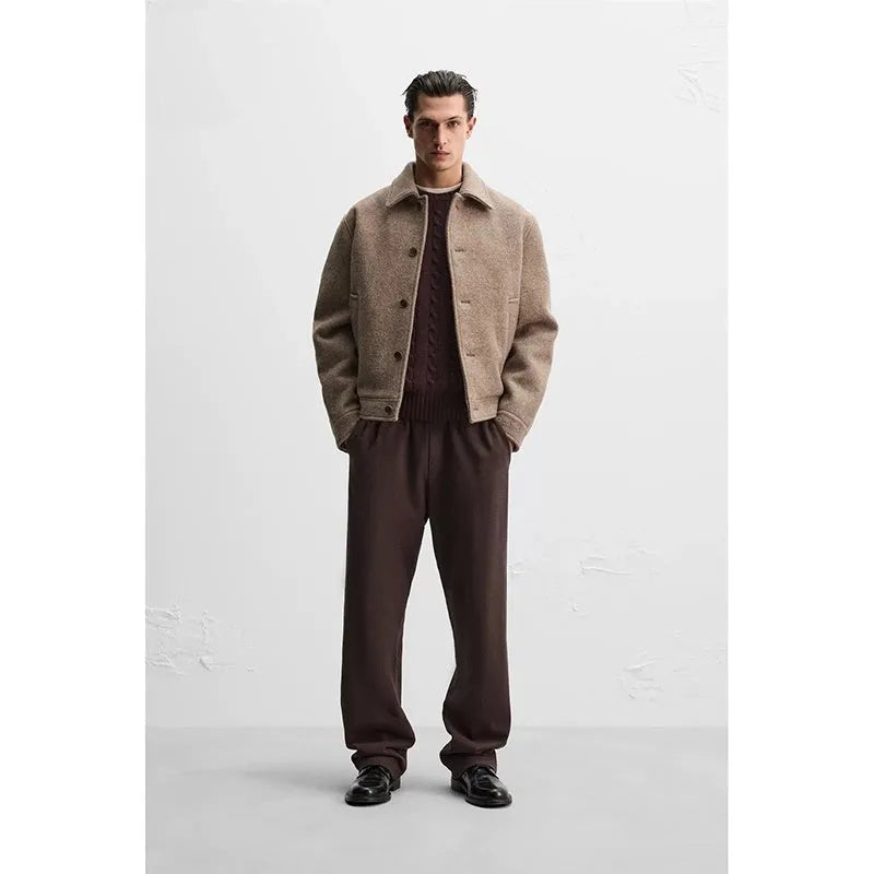 Men's taupe loose wool woven lapel long sleeve casual jacket coat single-breasted front view