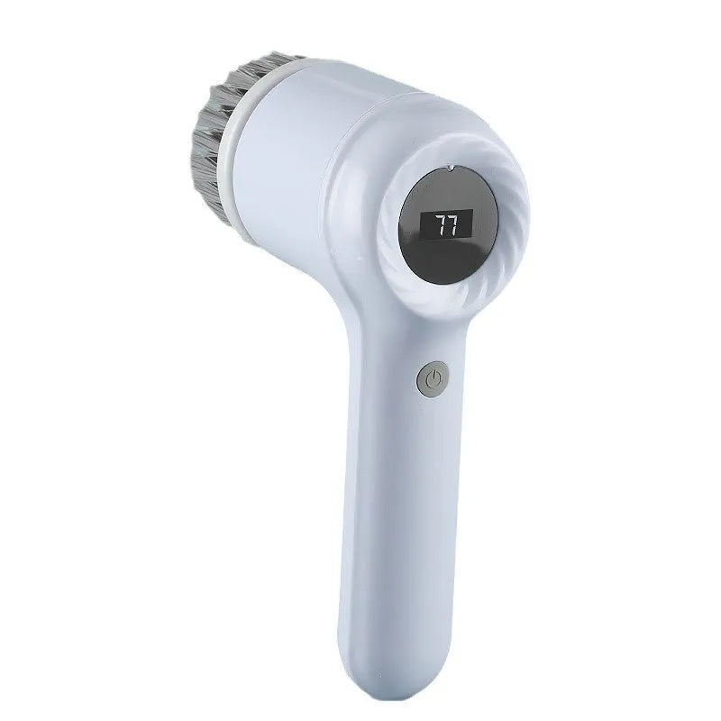 Light grey and purple USB rechargeable electric cleaning brushes with multiple scrub heads.