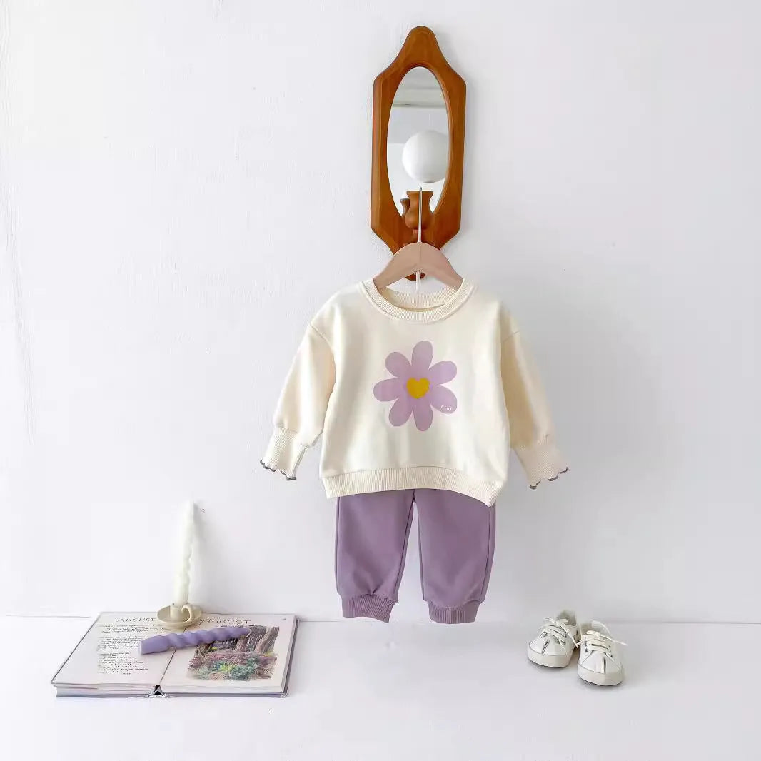 Purple baby girl two-piece set with flower sweatshirt and sweatpants in cotton, sizes 73cm to 110cm