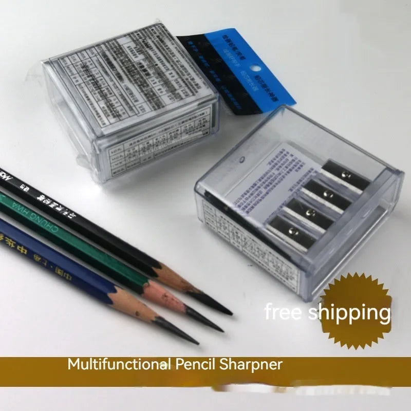 Four-hole pencil sharpener with geometric plastic design and replaceable blade system