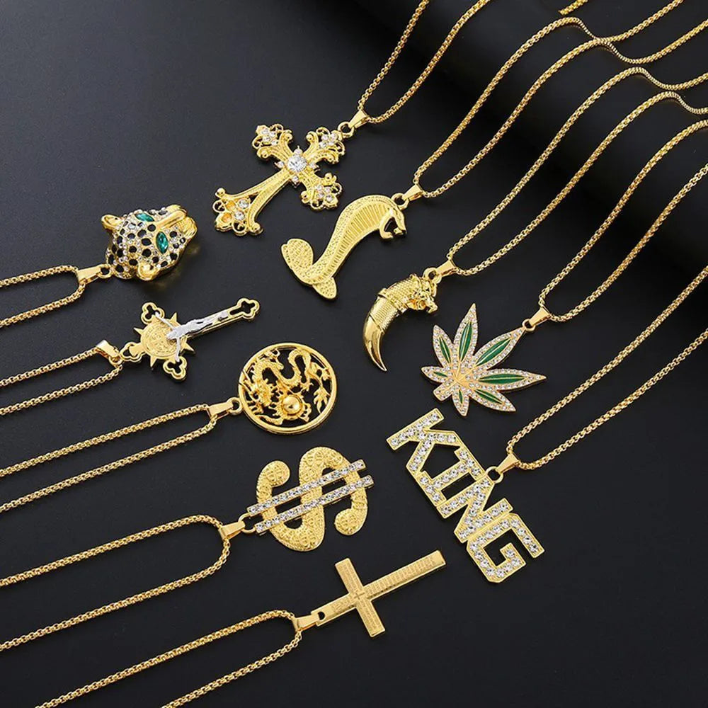 Geometric gold tone alloy necklace for women with an inlaid zircon stone pendant.