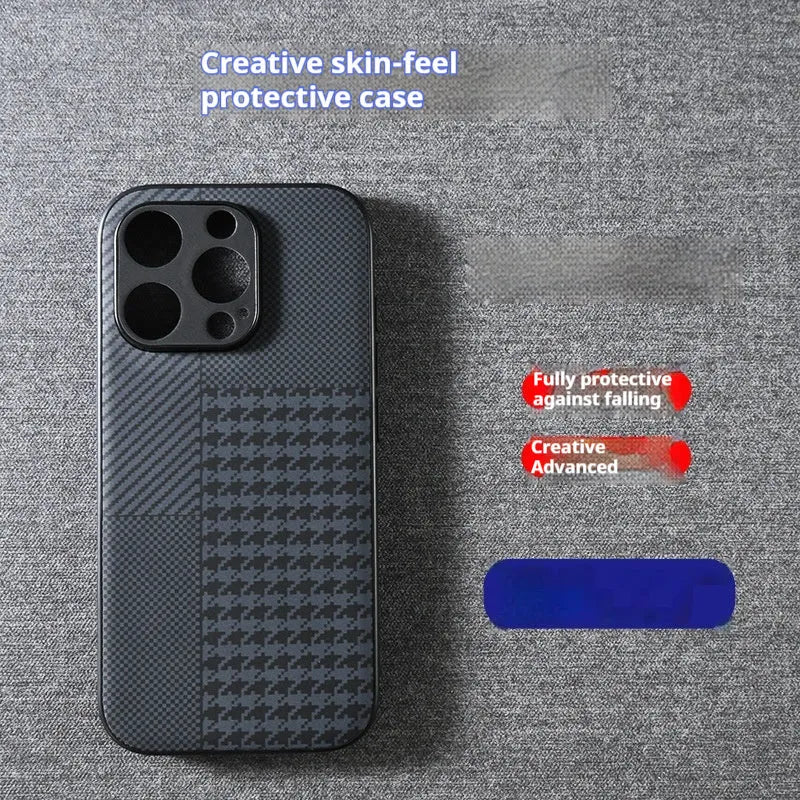 Black creative anti-fall imitation leather phone case for iPhone with wave pattern, shockproof and fingerprint-proof design.