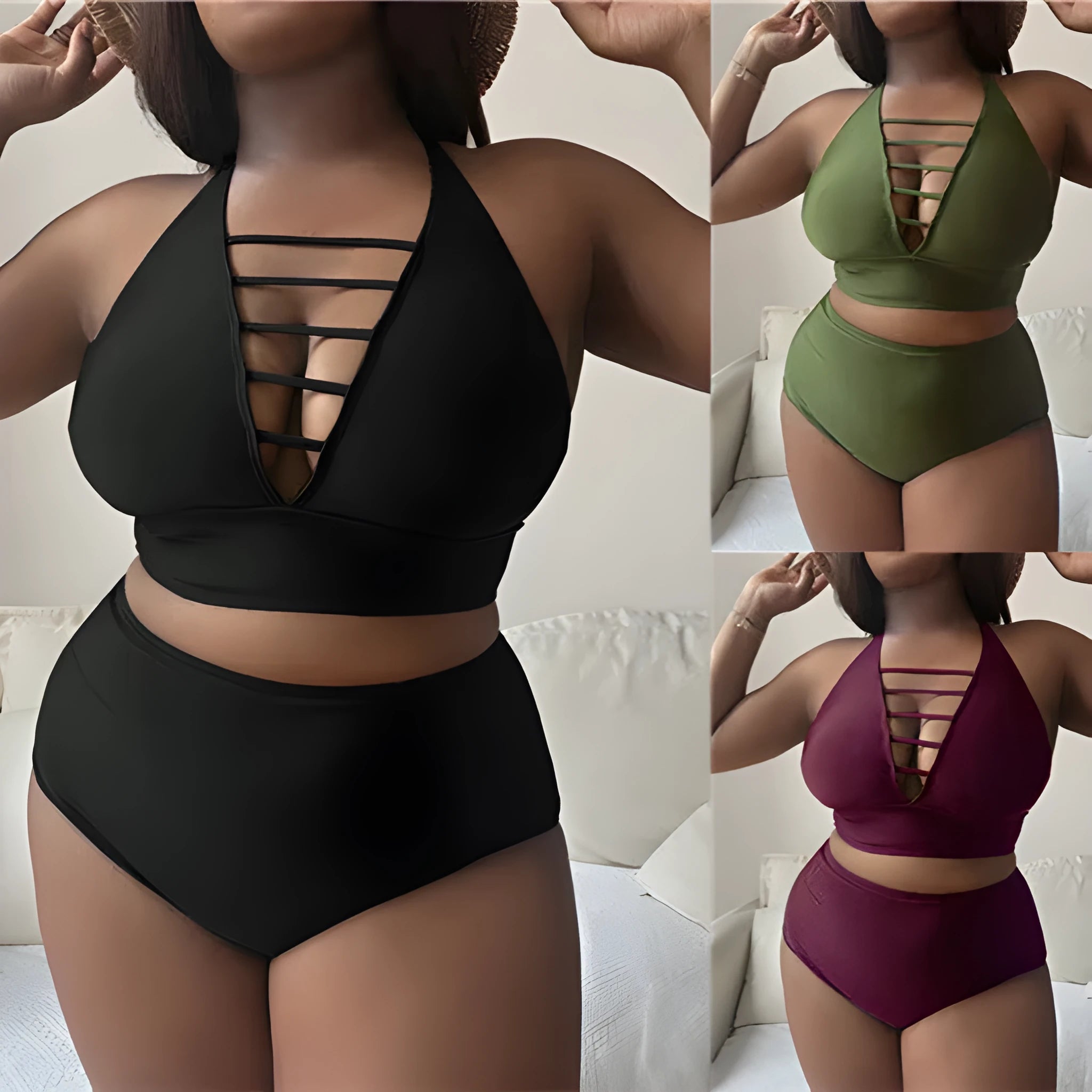 Plus size hollow cross halter bikini in black with adjustable straps and high waist briefs