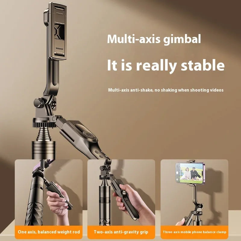 Mobile phone Bluetooth selfie stick stabilizer floor stand with gold aluminium tube and remote control at 1.75m height
