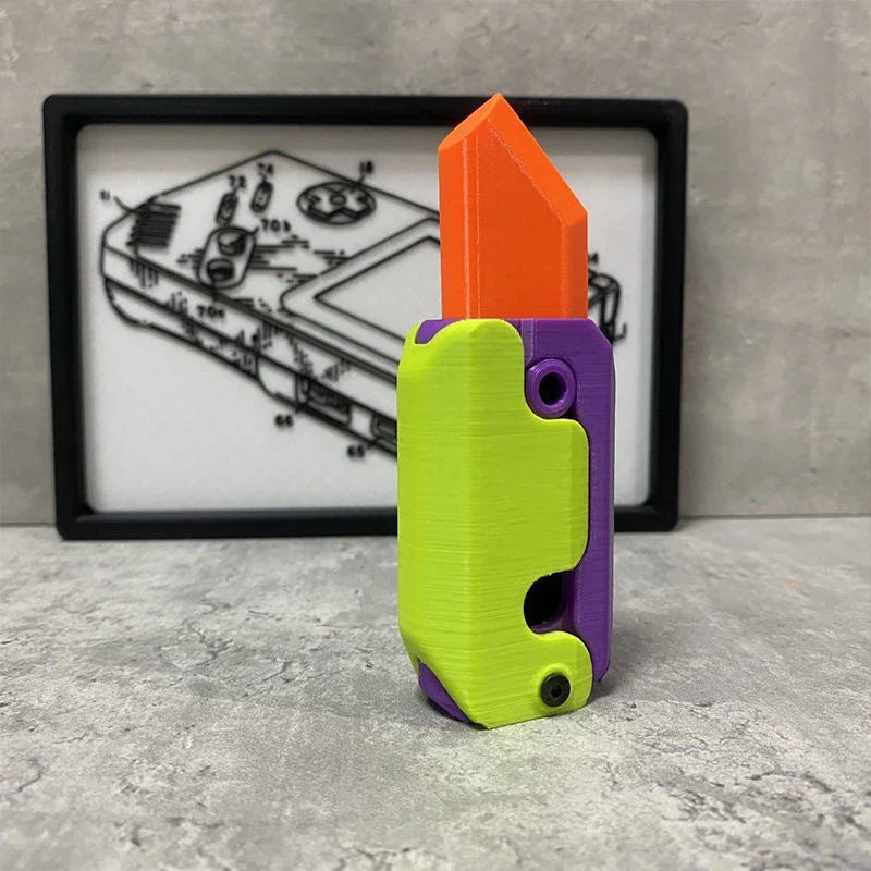 Radish-shaped 3D printed gravity knife, a portable and fun stress relief toy with a hidden blade that springs out with a flick of the wrist