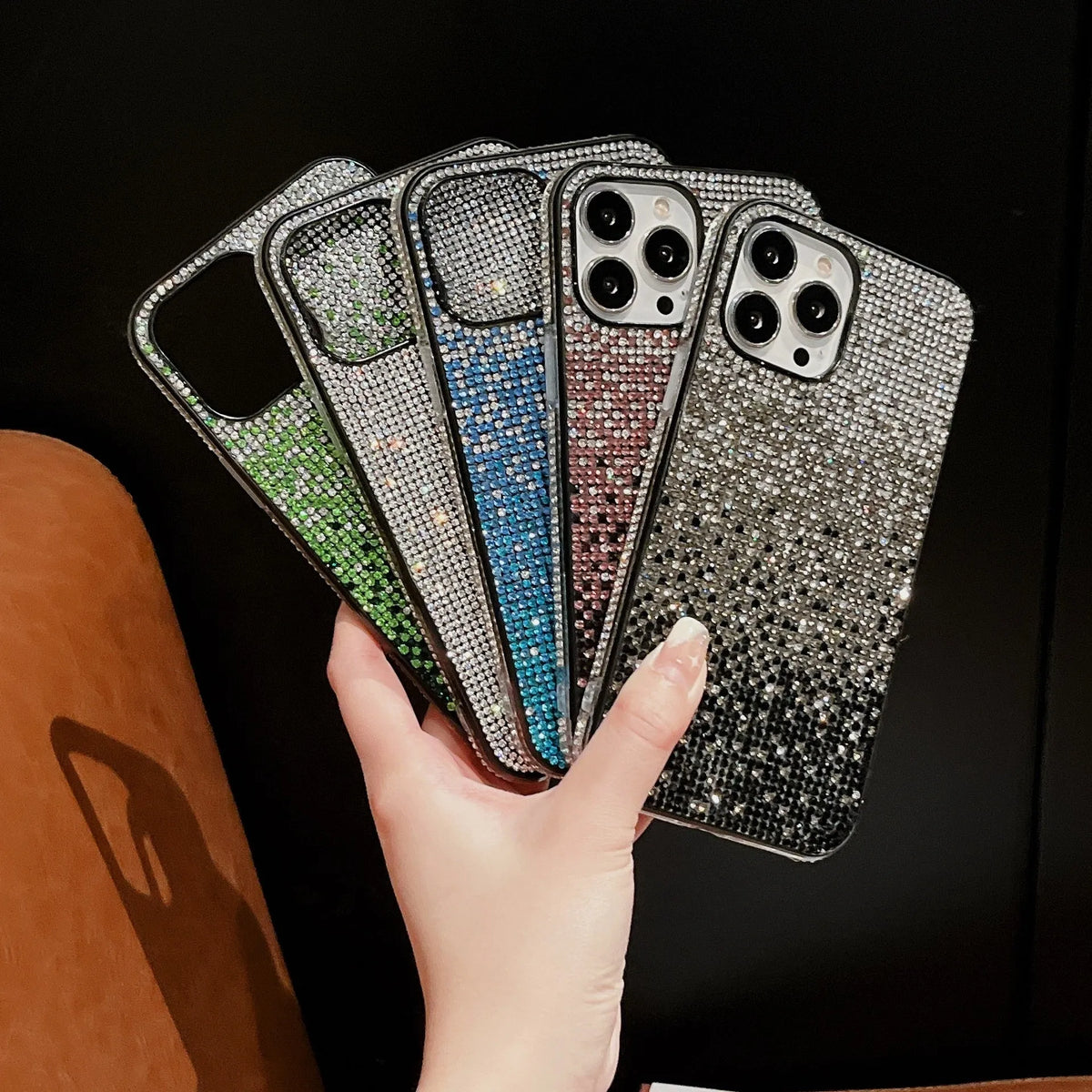 Gradient edge drill phone case for iPhone with rhinestones, anti-fall TPU PC back cover in coffee purple blue green