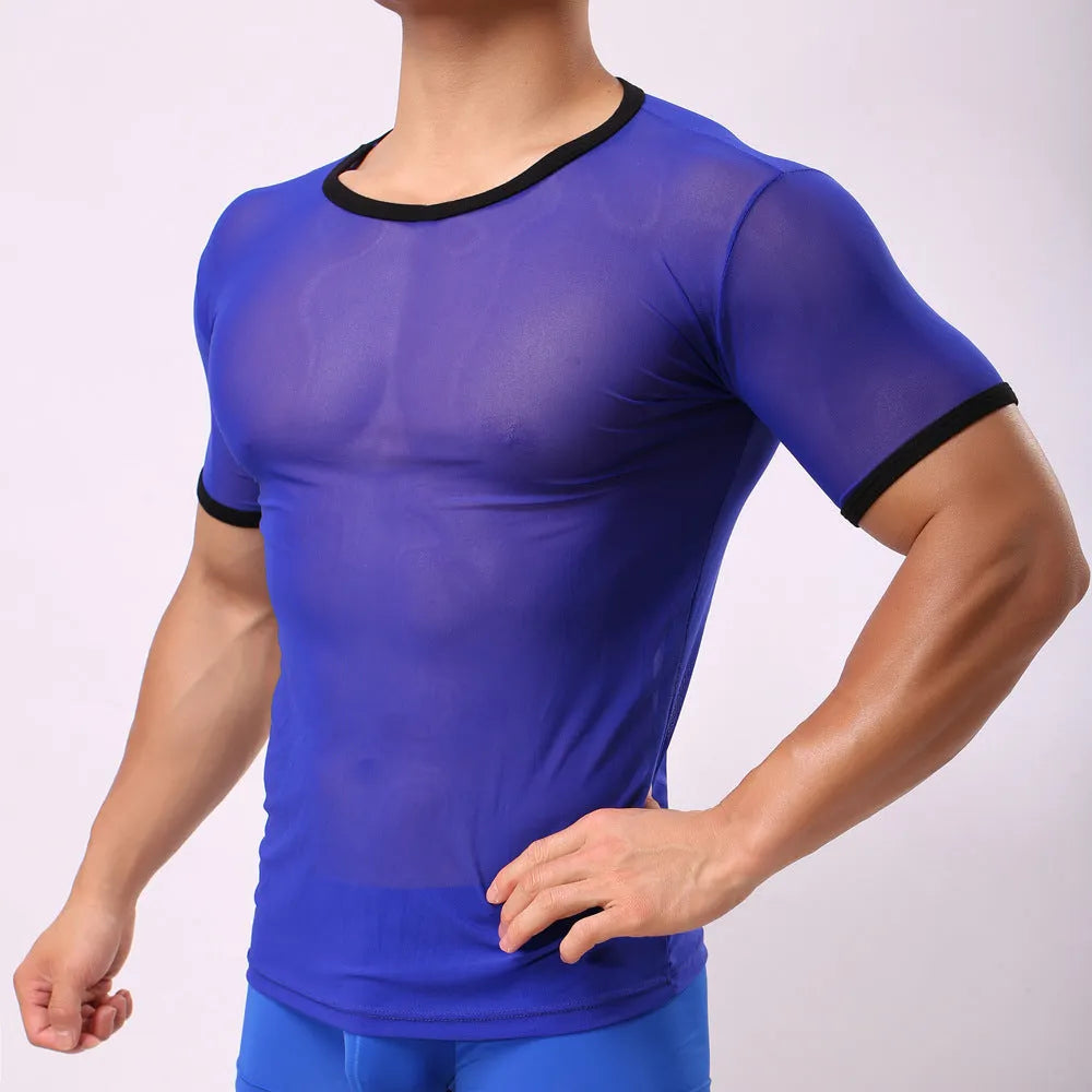 Men's slim fit mesh transparent short-sleeved T-shirt in solid colours