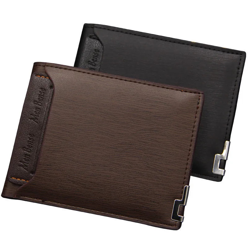 Men's black PU leather short wallet showing iron-edge card-picking design.