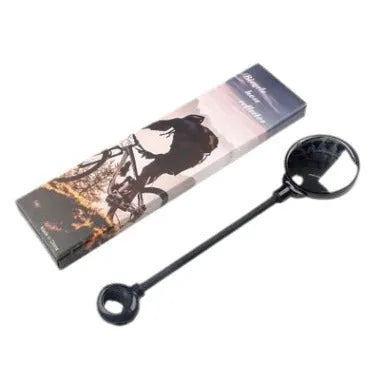 Black metal bicycle rearview mirror with hose adjustment clamp attached to handlebar