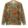 Digital printed floral pattern on a grey round neck sweater, showing the front view.
