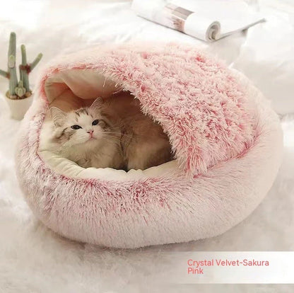 A soft, plush pet bed in various colors, including olive green, brown, pink, and grey, designed for the comfort and relaxation of cats and dogs.