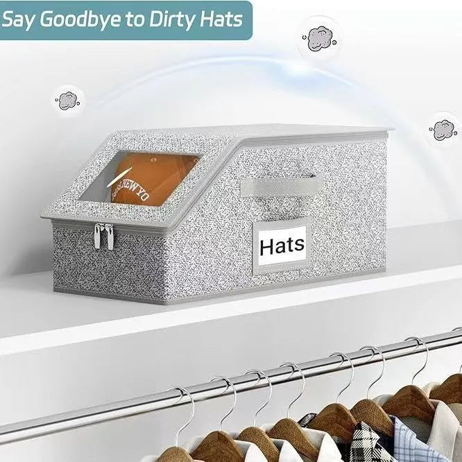 Grey foldable woven fabric storage box with lid, shown with dimensions 42cm long by 22cm wide by 17cm high.