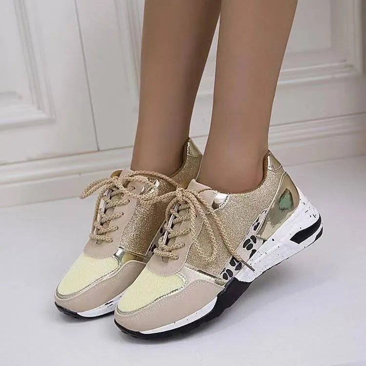 Women's lace up wedge flat sneakers in beige, round toe, artificial PU upper, side view