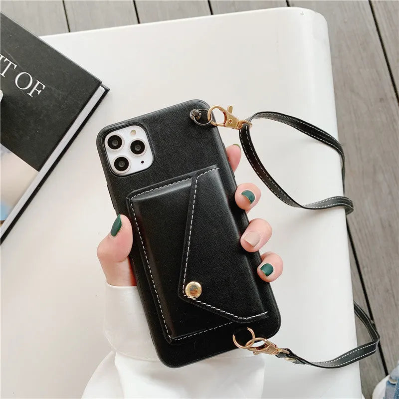 Imitation leather iPhone back cover with 3D coin purse, card slot and messenger rope in black, blue, khaki or red.