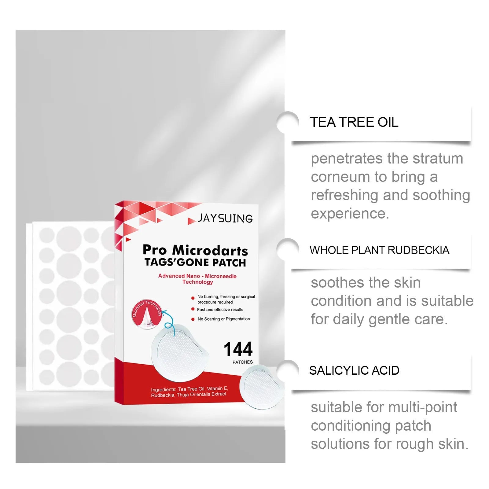 Micro needle wart removal care patches in adhesive bandage format with tea tree oil and vitamin E
