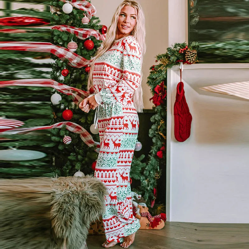 White Christmas fashion suit set with printed polyester top and trousers, casual long sleeve style