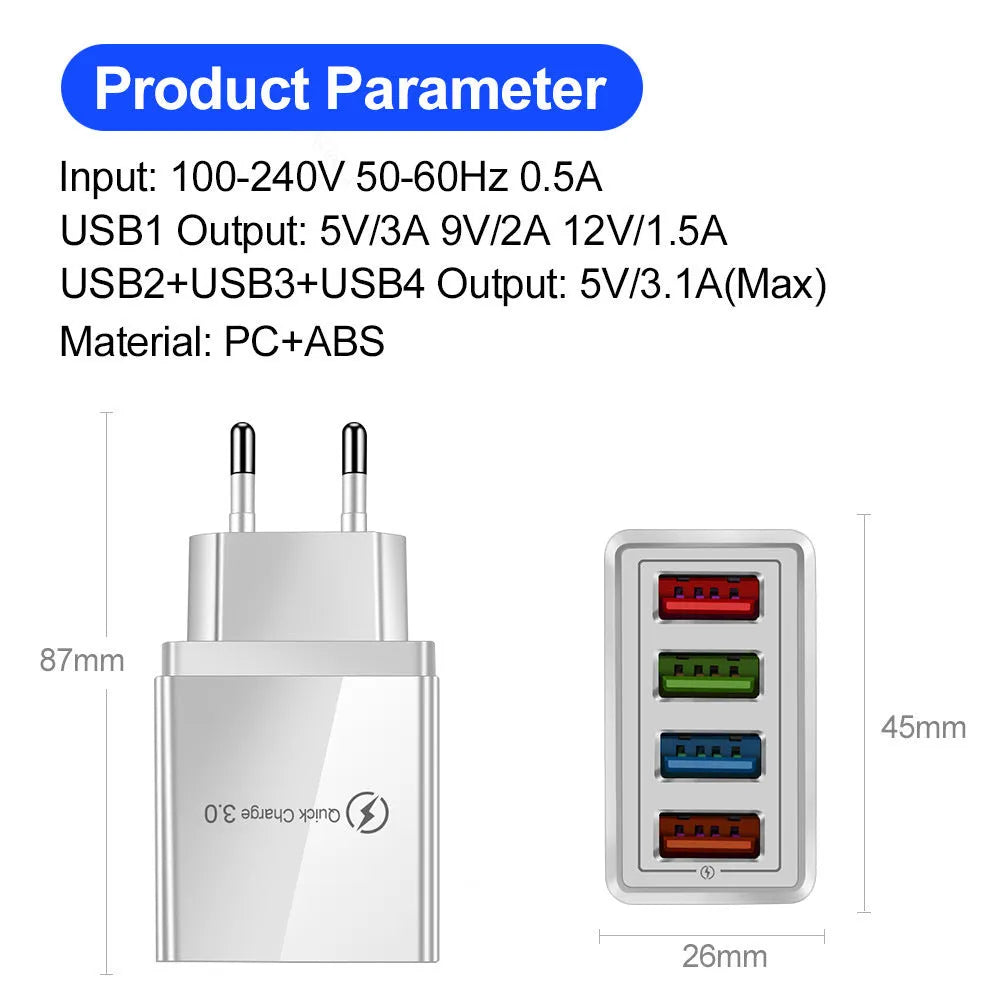 Four-port USB wall charger with UK three-pin plug in black and white colour scheme