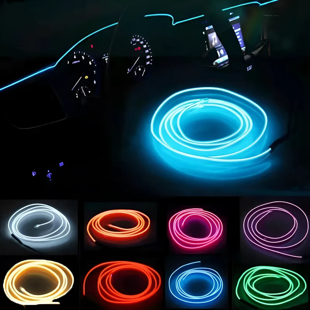 Six metre long USB-powered LED light strip for car interior ambient lighting in multiple colours.