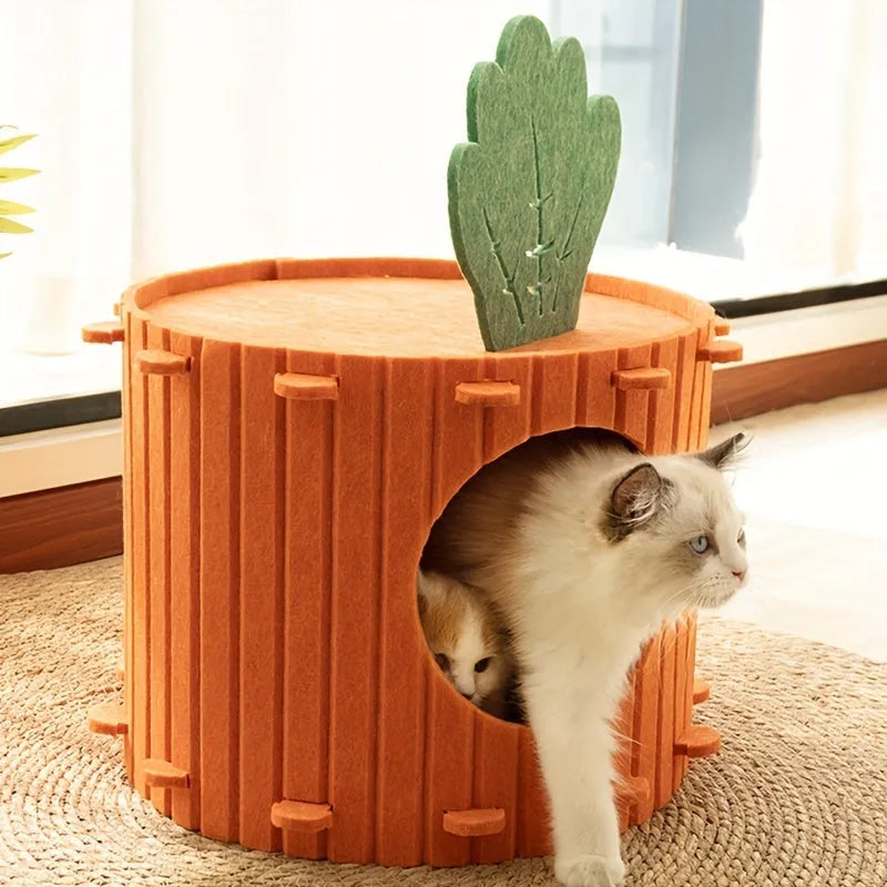 Orange felt carrot-shaped cat nest with a round tunnel entrance, shown in medium and large sizes.