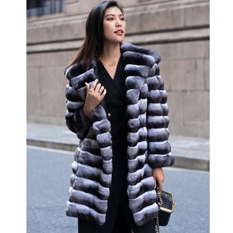 Women's zebra stripe faux fur mid-length overcoat in Japanese Korean casual style
