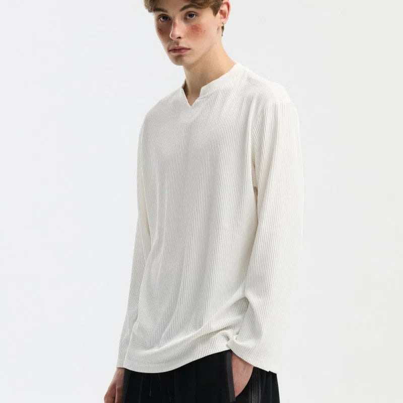 V-neck long-sleeve polyester loose fit casual base shirt for men in black