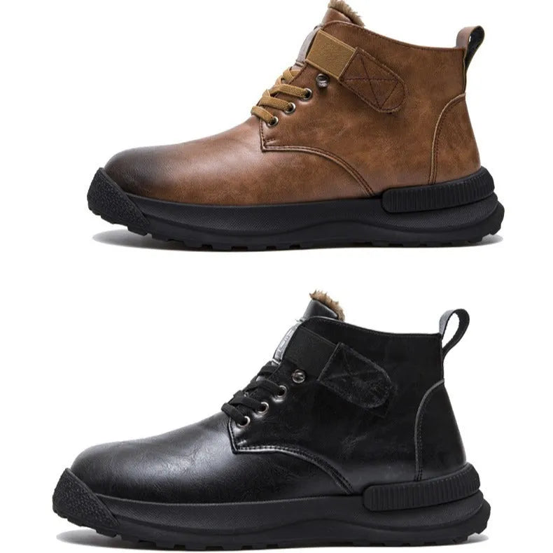 Men's black high-top Martin platform boots with artificial PU upper and rubber sole on a white background.