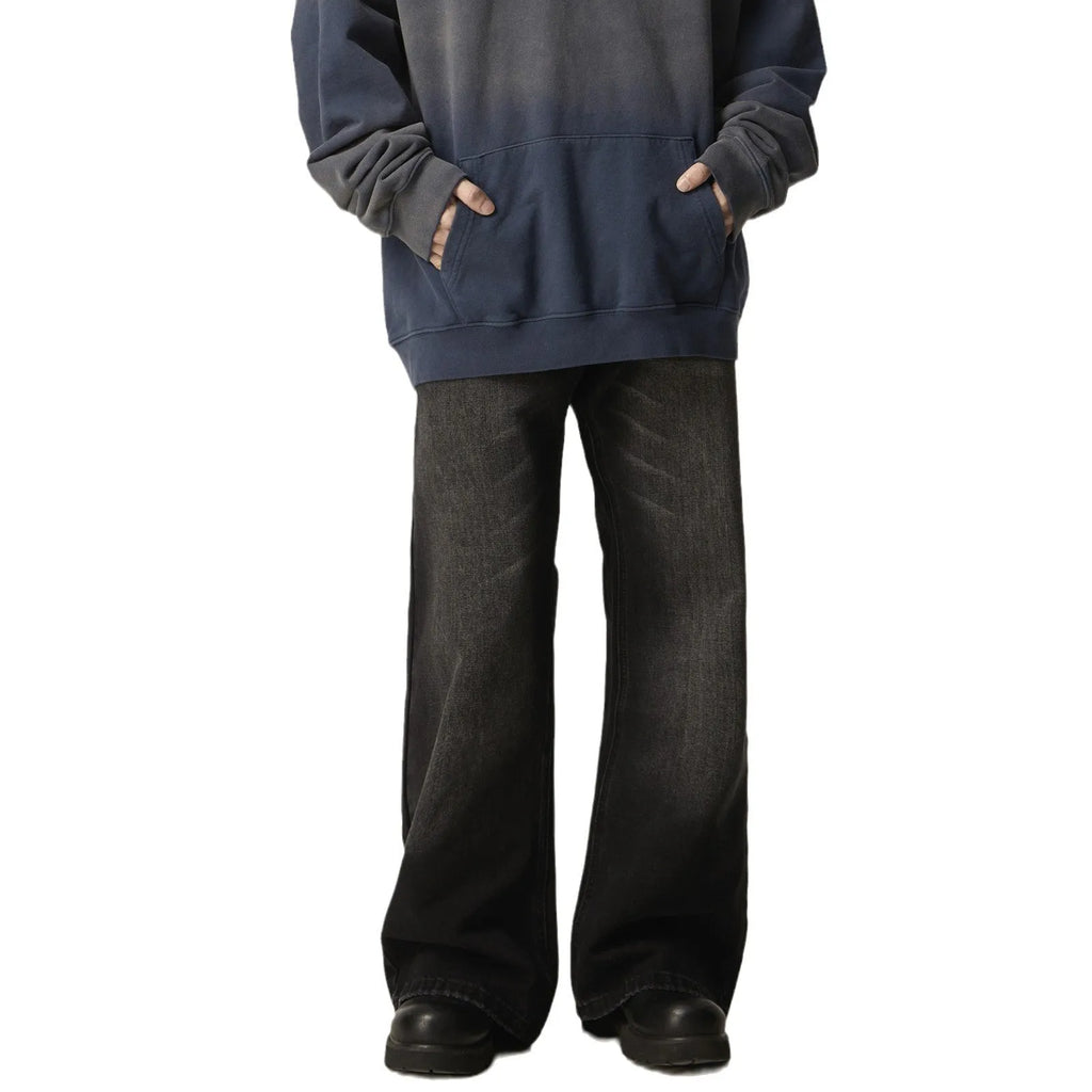 Black loose straight retro jeans with zipper fly shown from front and back views