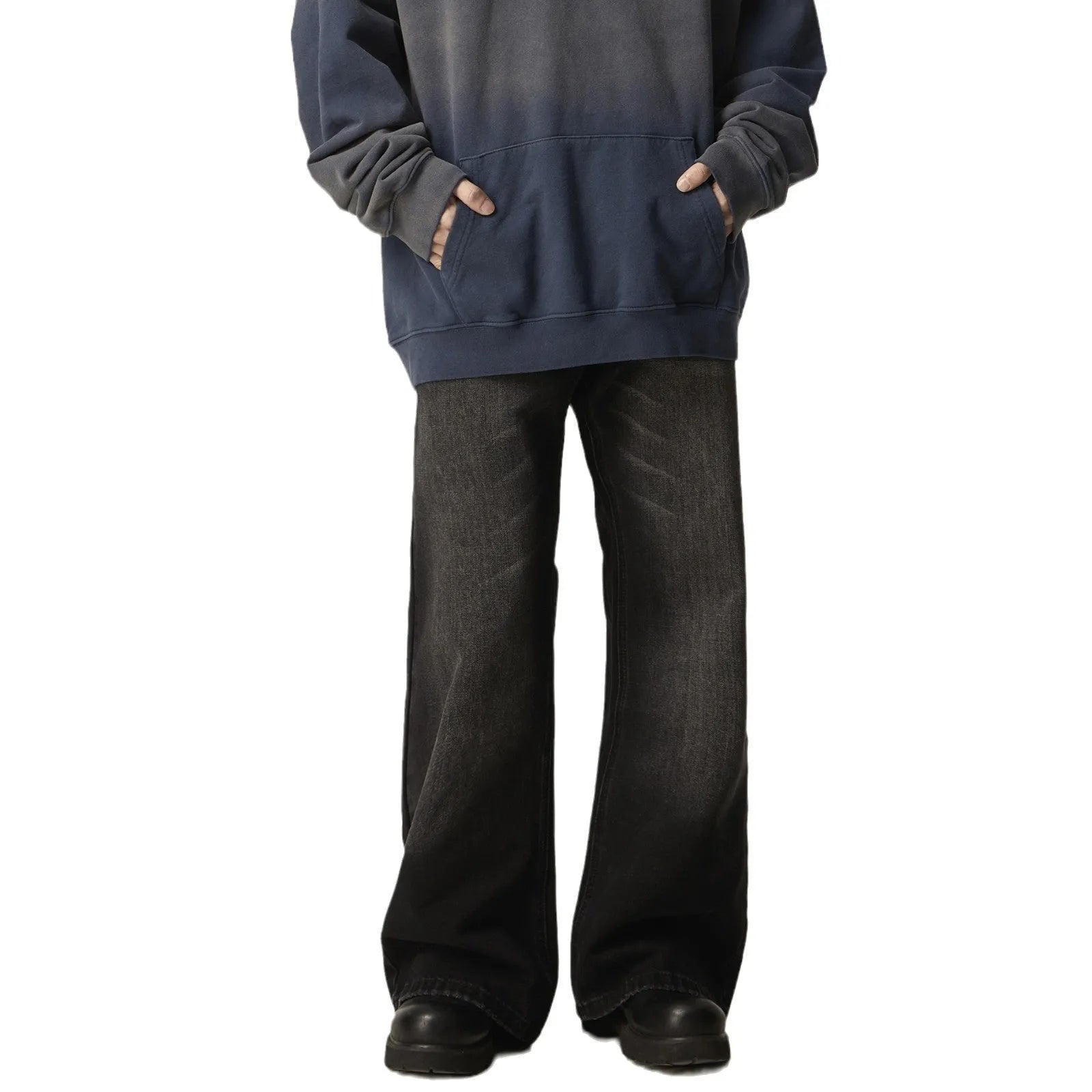 Black loose straight retro jeans with zipper fly shown from front and back views