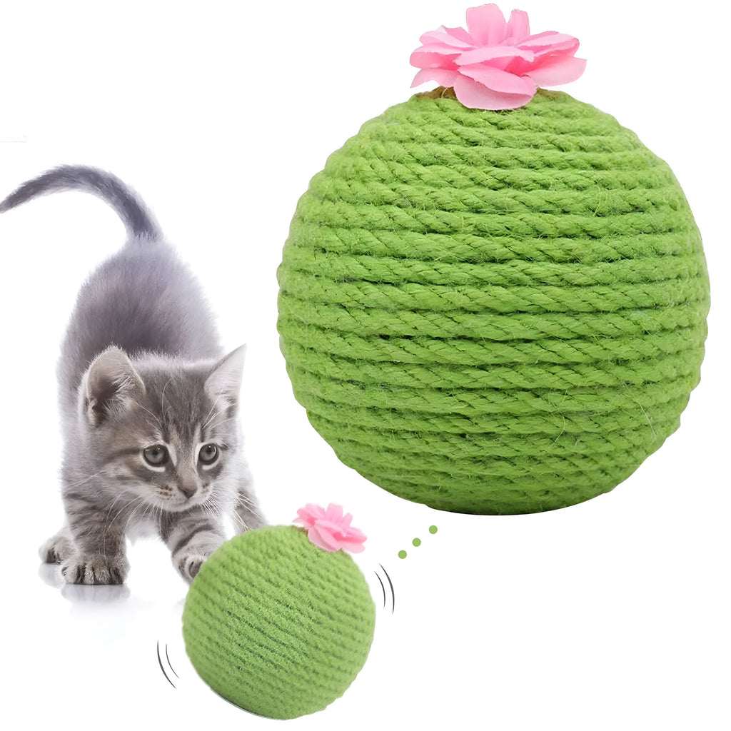 Green cactus-shaped cat scratcher with sisal scratching surfaces and attached tumbler balls containing catnip toys