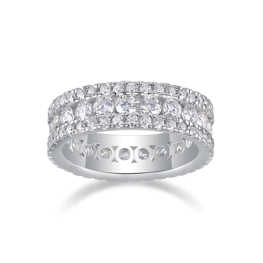 Moissanite wedding ring set in S925 silver with platinum plating, stone under 0.1 carat, sizes 5 to 9, gift box