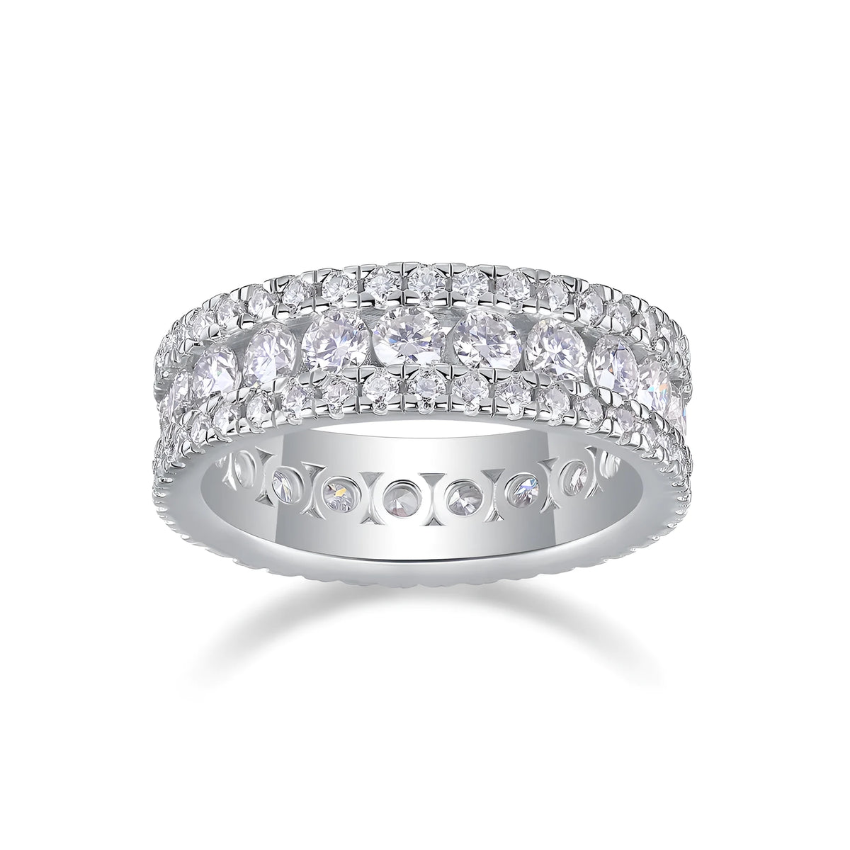 Moissanite wedding ring set in S925 silver with platinum plating, stone under 0.1 carat, sizes 5 to 9, gift box