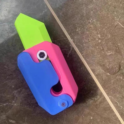 Radish-shaped 3D printed gravity knife, a portable and fun stress relief toy with a hidden blade that springs out with a flick of the wrist