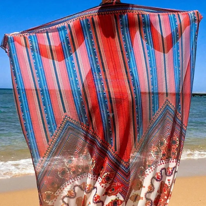 Women's three-piece swimsuit set in pictured colour, showing cutout sleeveless top, high-waist briefs, and a cover-up coat.