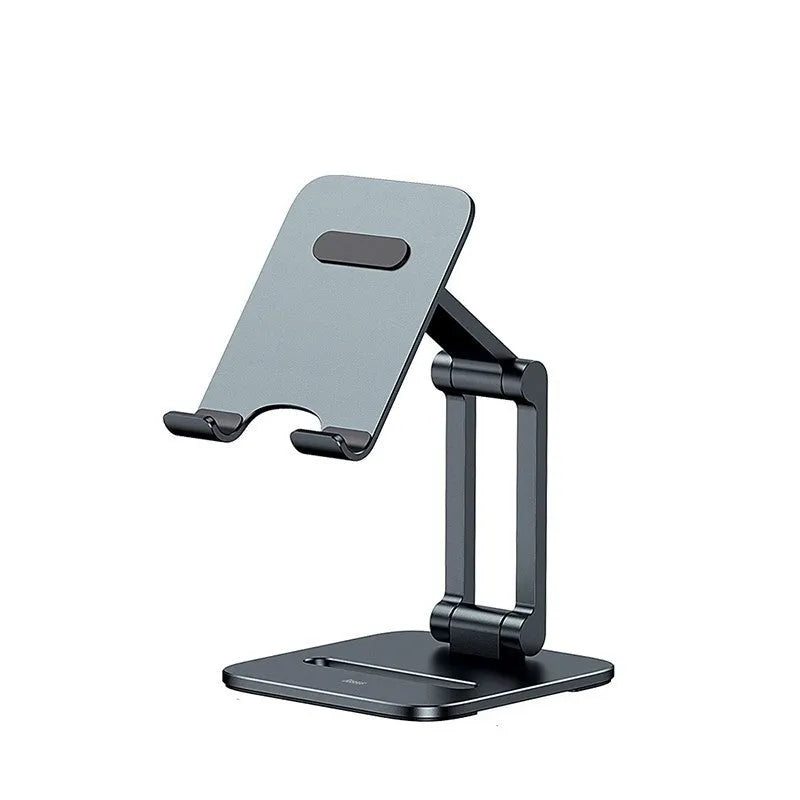 Deep space grey aluminium alloy folding stand for mobile phones and tablets on a desk