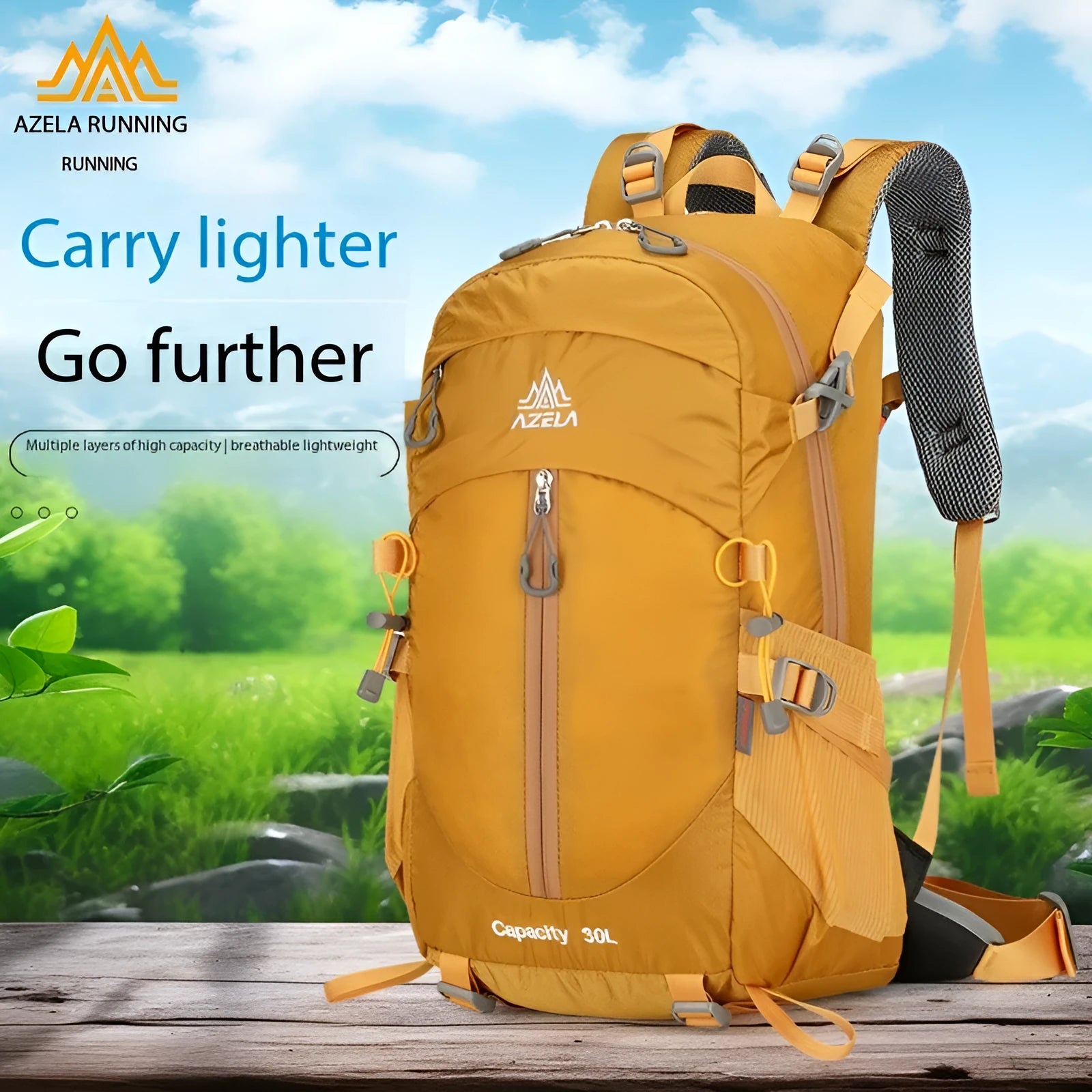AZELA 30L outdoor hiking backpack in blue, with adjustable straps, front view