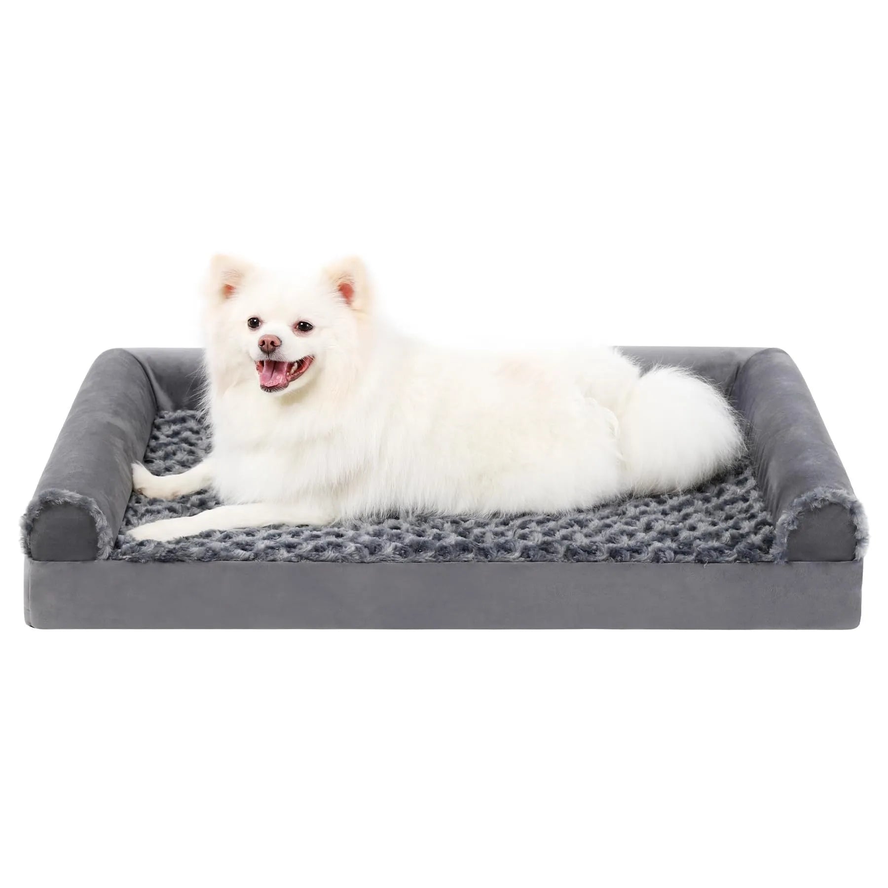 Grey U-shaped velvet dog sofa bed with removable cover, shown in a home setting.