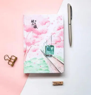 Muco hardcover notebook with Sakura flower orbit AR design in A5 size showing pink green red yellow colour options