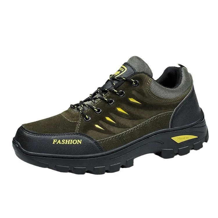 Men's brown suede mid-top hiking sneakers with rubber sole and lace-up front.