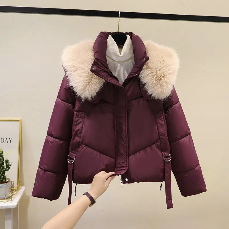Women's short cotton-padded jacket with stand-up collar in loose style