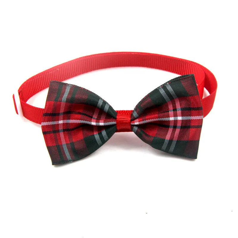Plaid polyester pet scarf with adjustable collar and bow tie on a cat, eight colour options available