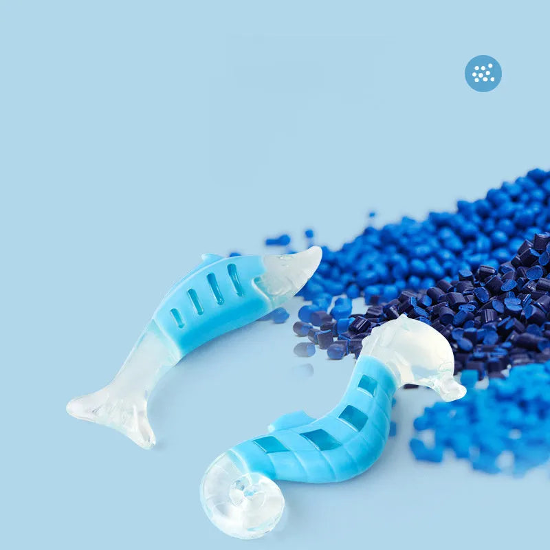 Two PU nylon dog chewing toys: a blue seahorse and an orange tuna on a white background