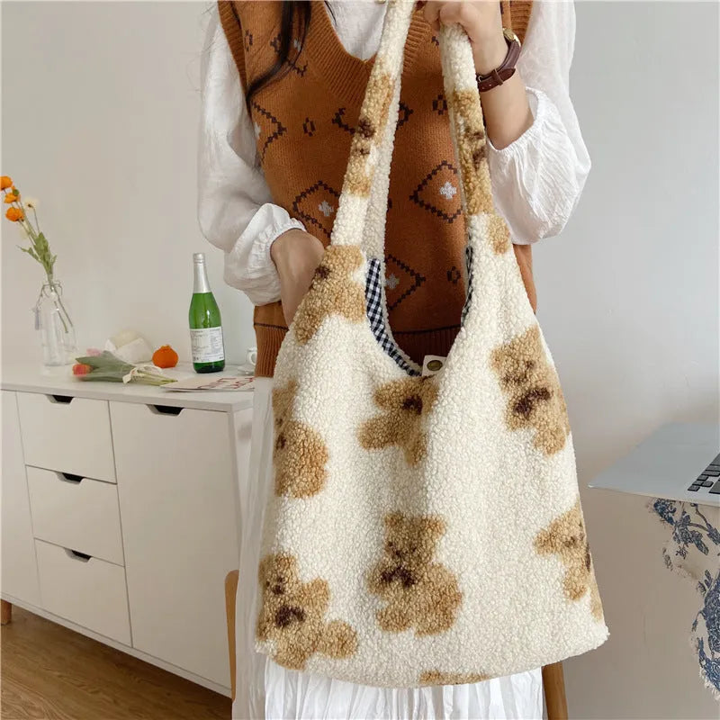 Cute bear print polyester shoulder bag in beige with soft handle and square vertical section shape