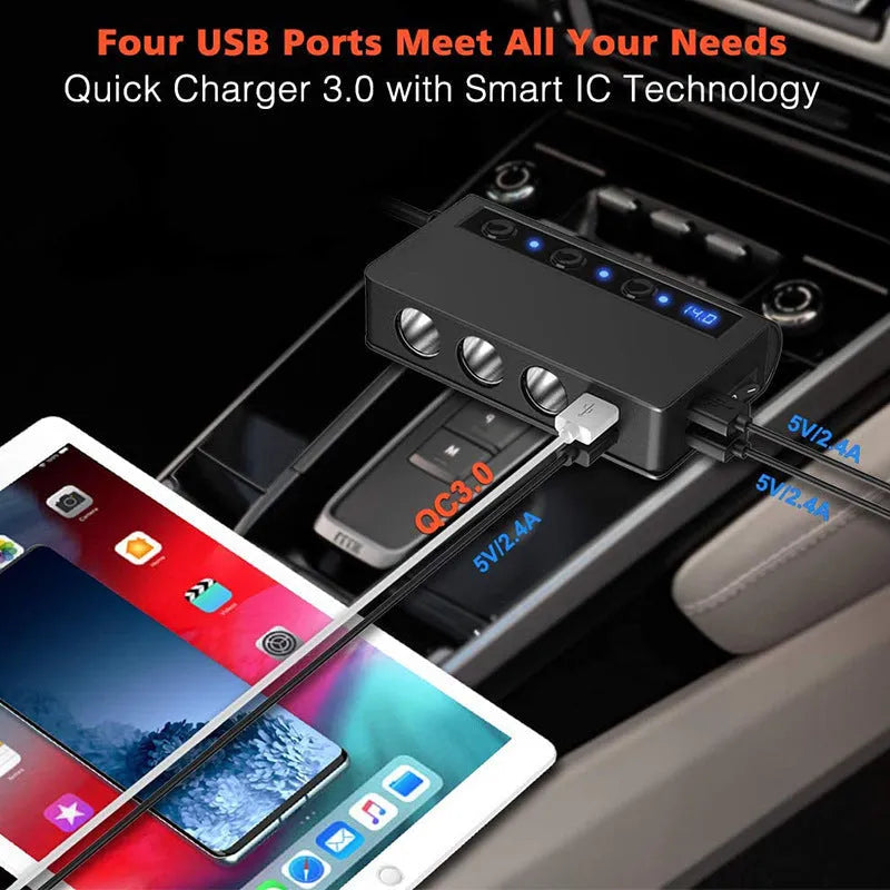 Black and red 3-port QC3.0 car charger with 70cm cable, ABS body 13x7.4x3cm.