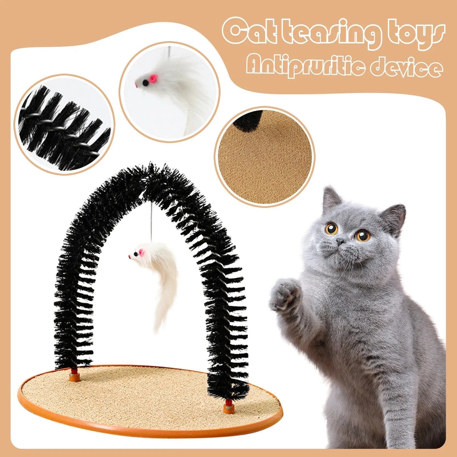 Black arch-shaped cat scratching post with grooming brush and attached mouse toy on non-slip base