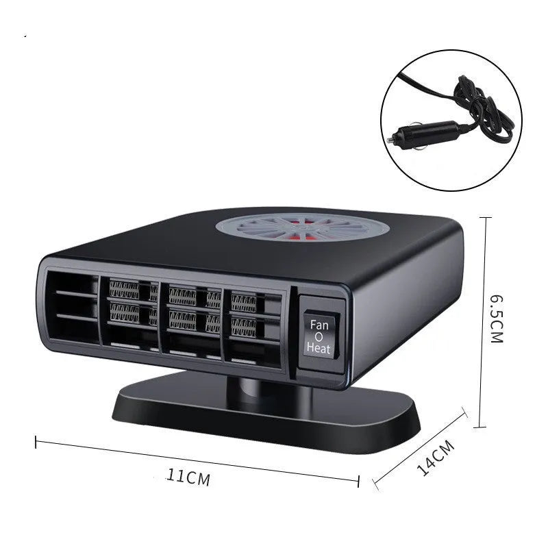 Black ABS plastic 12v vehicle-mounted car heater on a dashboard