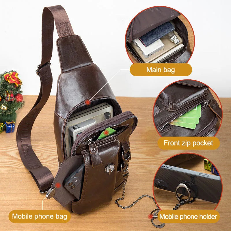Genuine leather men's messenger bag in medium vertical square shape with magnetic buckle, available in black, brown, coffee colours