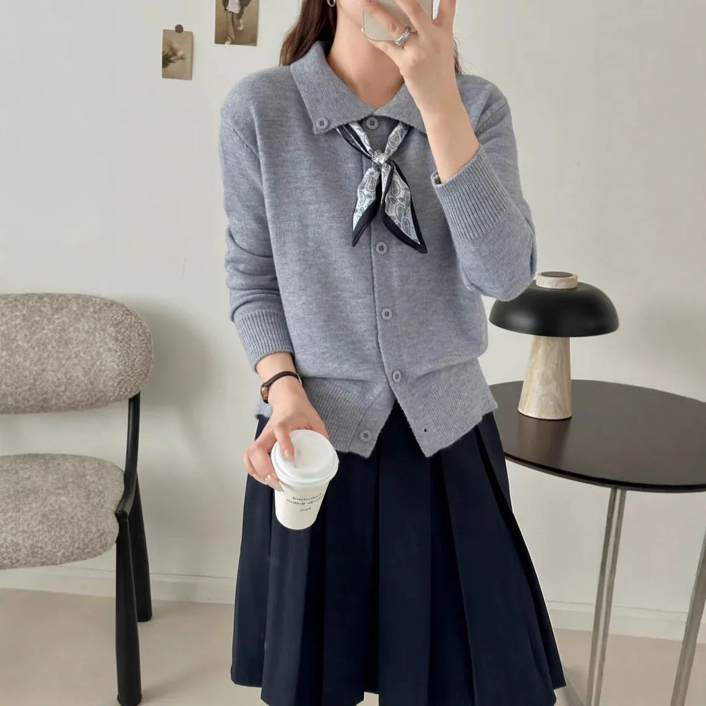 Lapel scarf sweater cardigan with long sleeves and splicing design in milky white colour