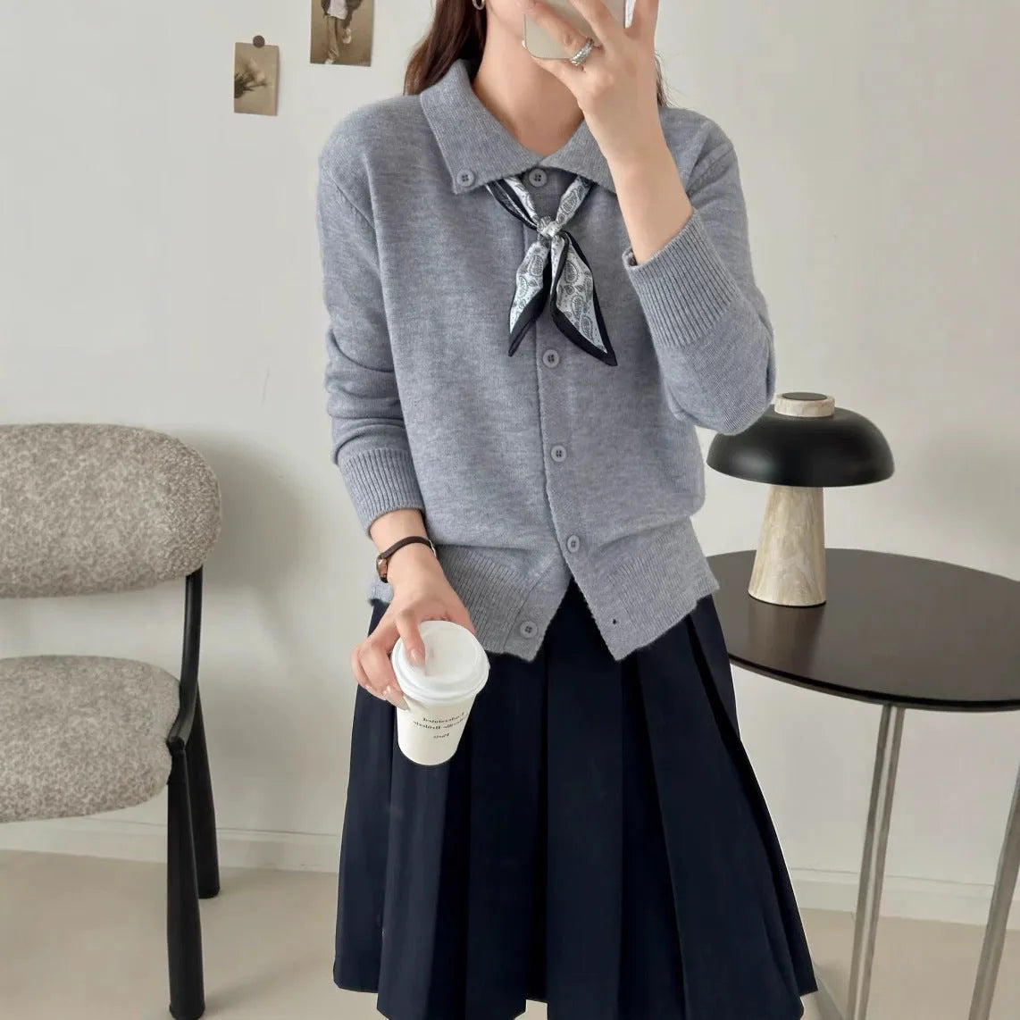 Lapel scarf sweater cardigan with long sleeves and splicing design in milky white colour