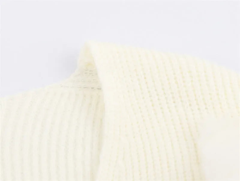 Women's white V-neck furry knitted dress with cuffed long sleeves, straight cut, sizes S M L